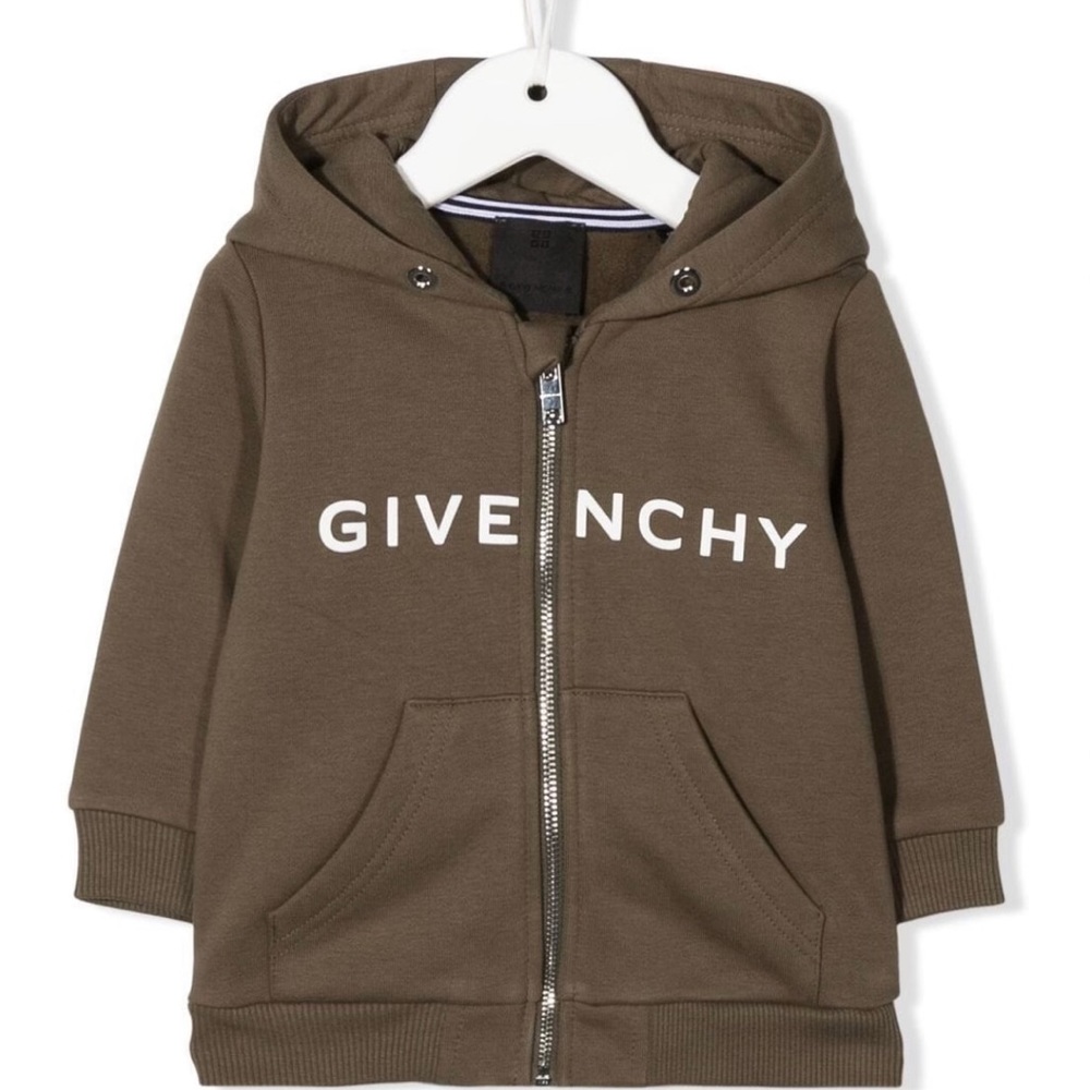 NWT Givenchy Kids army green logo print zip-up hoodie. Size 6 months!